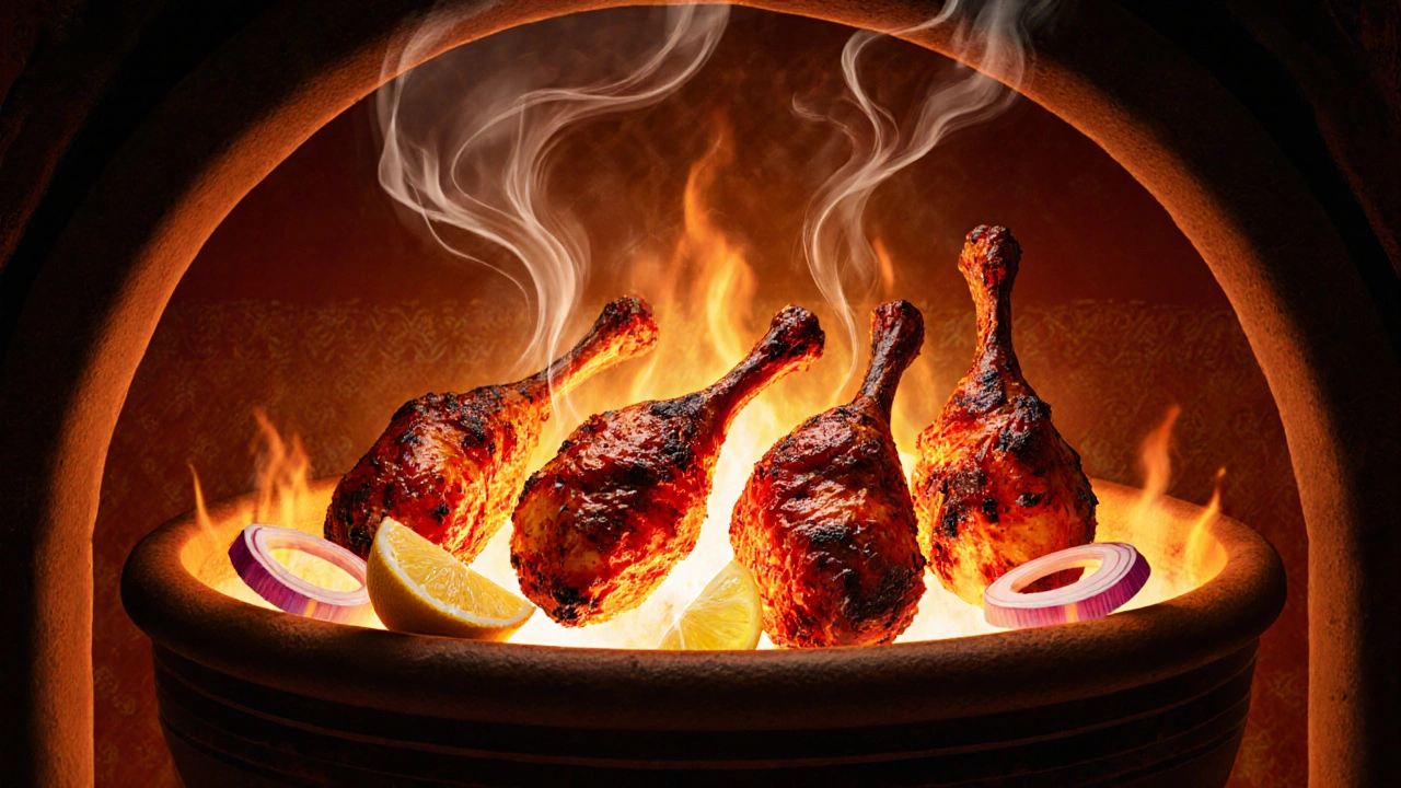 Bright red tandoori chicken pieces cooking in a clay tandoor oven with smoke rising.
