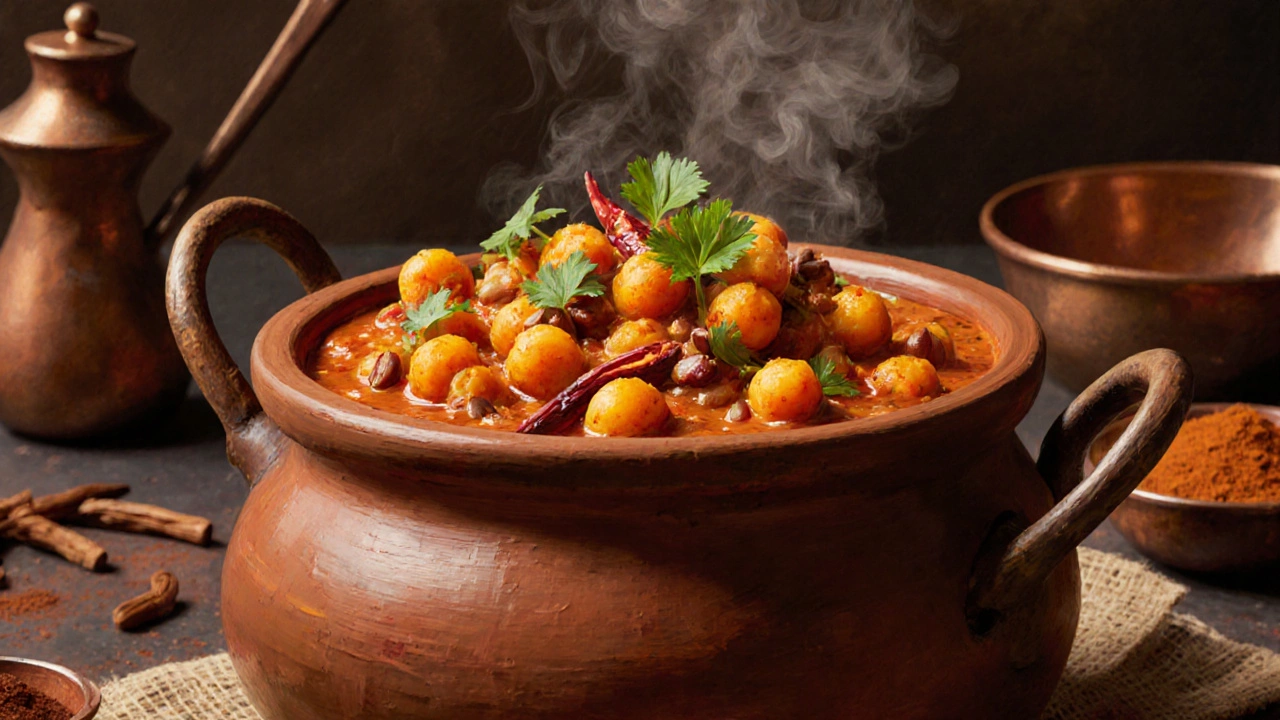 Chana masala in a clay pot with chickpeas in tomato sauce, whole spices visible, fresh cilantro on top.