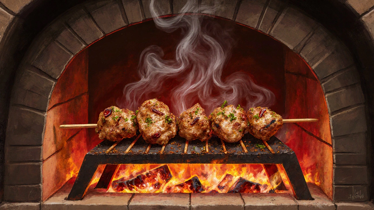 Chicken skewers cooking in a glowing tandoor oven with spices caramelizing on the surface.
