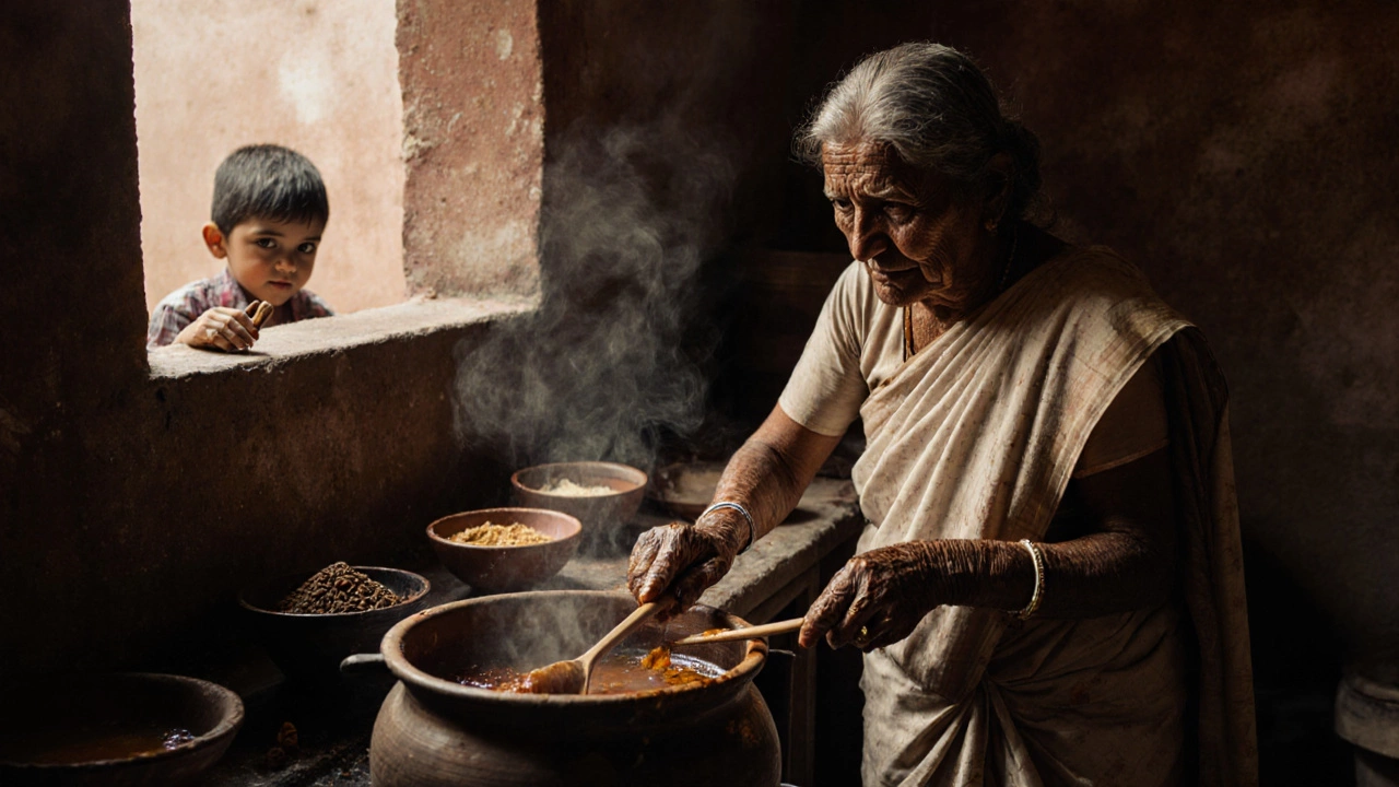 Elderly woman stirring melting jaggery in a clay pot in a rustic Indian kitchen.