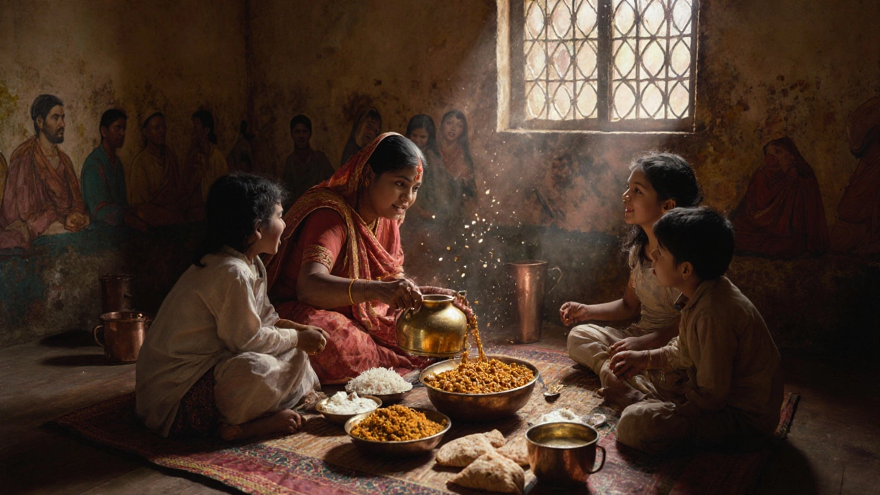 Family sharing a traditional vegetarian meal of dal, rice, and roti on a wooden floor at home.