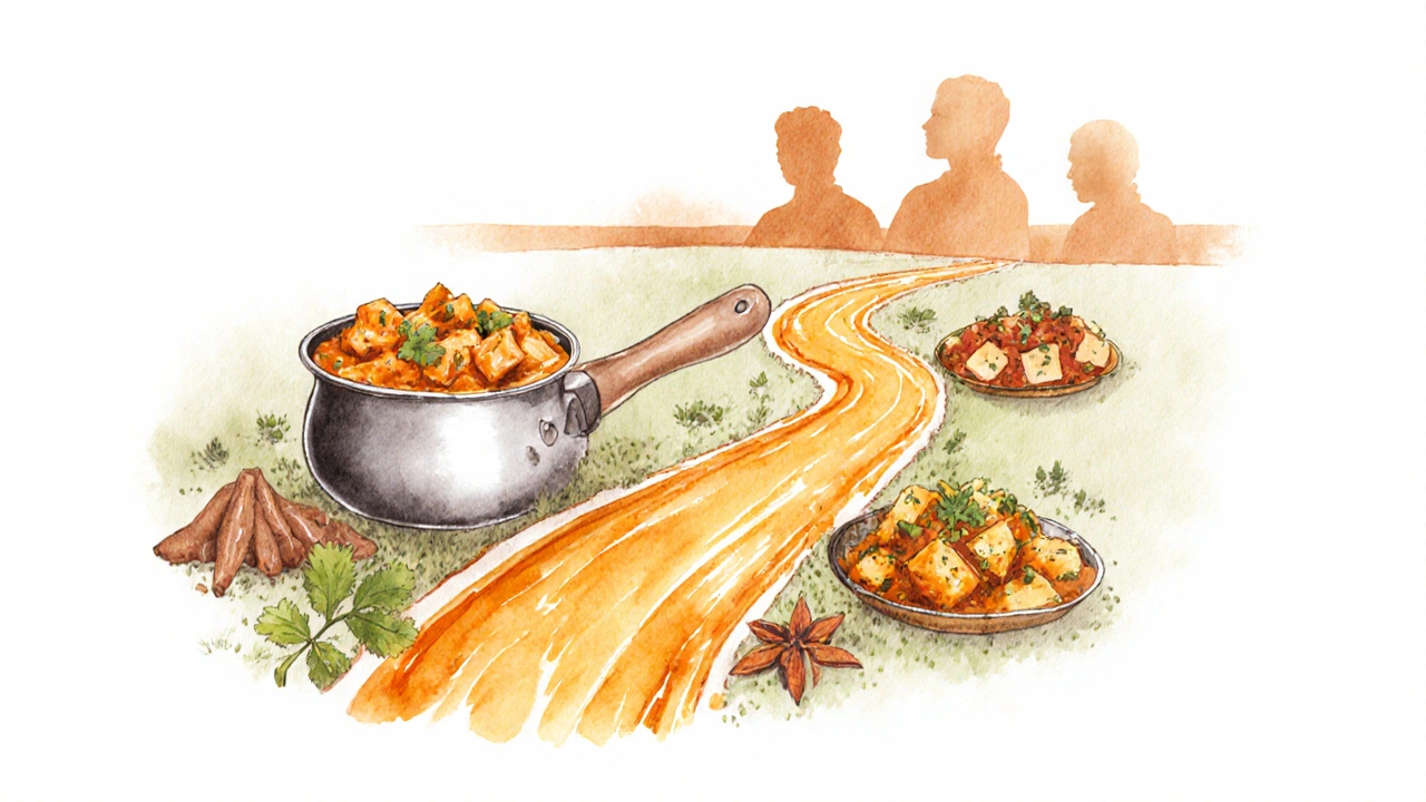 Golden sauce flowing into a path of spices leading to silhouettes of other Indian dishes.