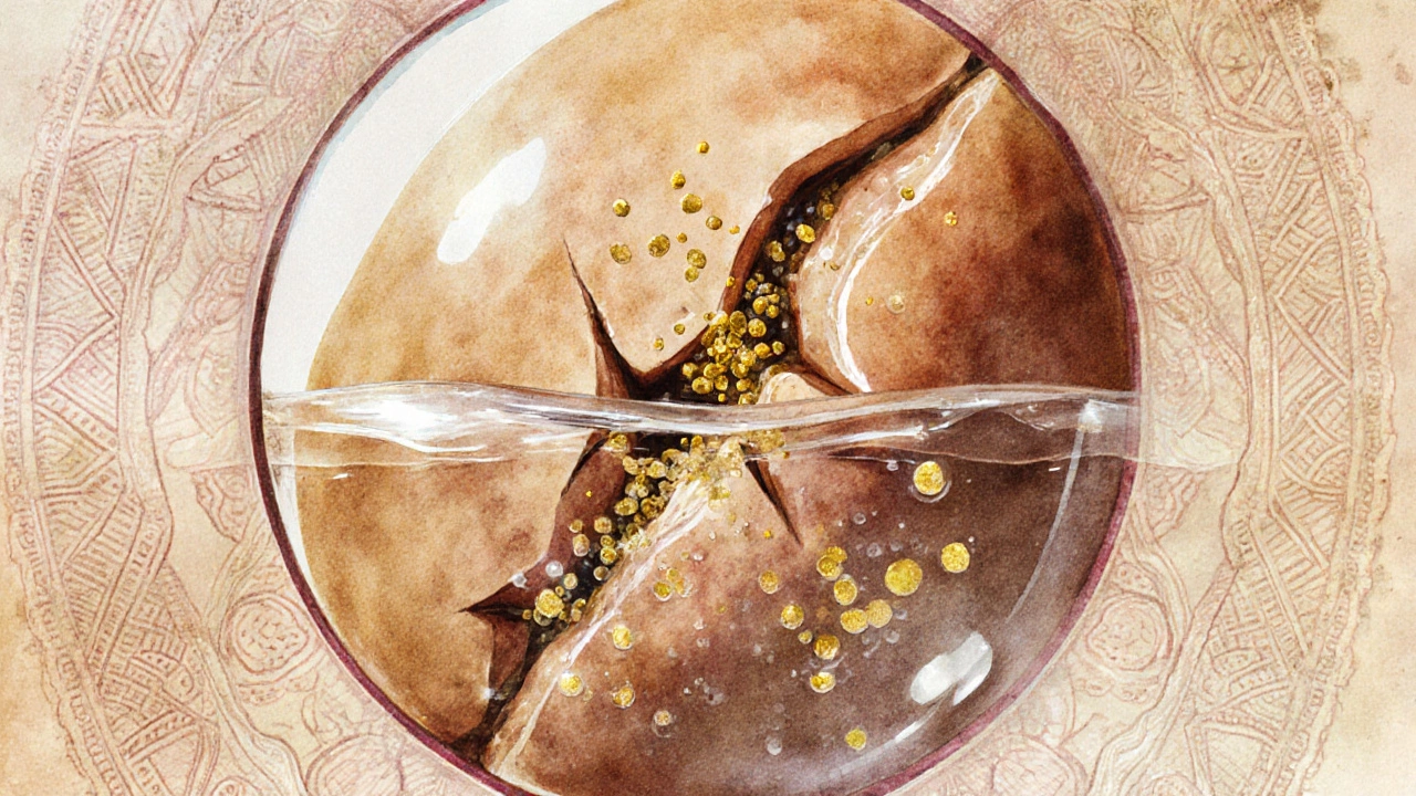 Magnified split lentil with water penetrating and phytic acid dissolving, surrounded by cultural patterns.