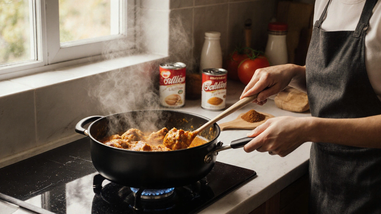Person stirring Butter Chicken in a pot on the stove with spices and ingredients on the counter.