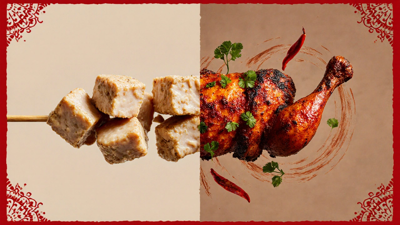 Split image comparing creamy chicken tikka and smoky tandoori chicken with spices between them.