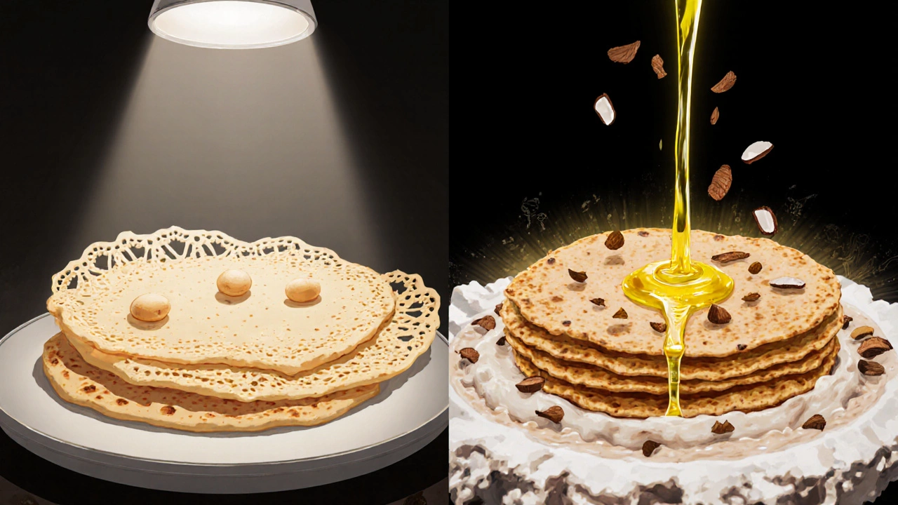 Split image: crispy dosa with groundnut oil on one side, aromatic dosa with coconut oil on the other.