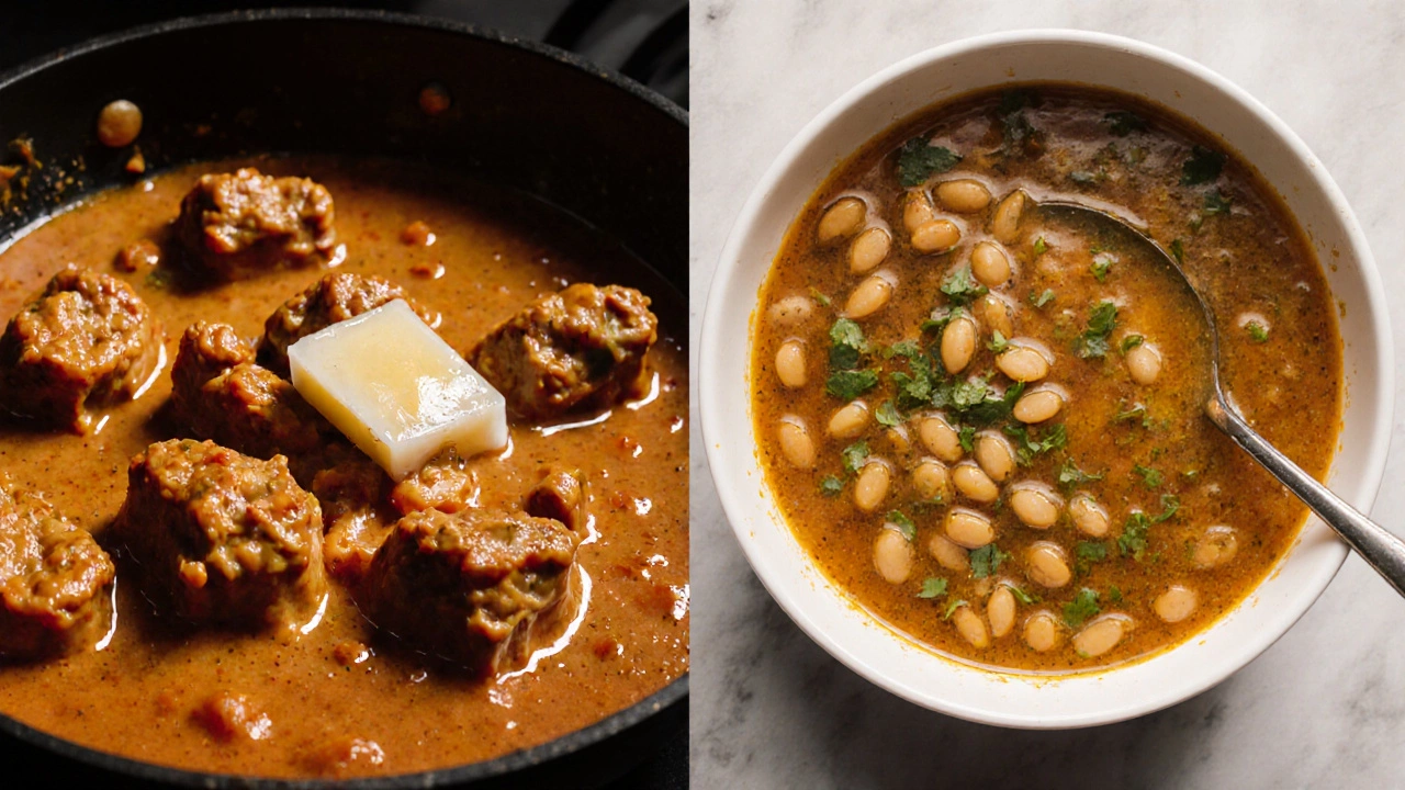 Split-screen: creamy butter chicken vs. light tarka dal, symbolizing unhealthy vs. healthy curry choices.