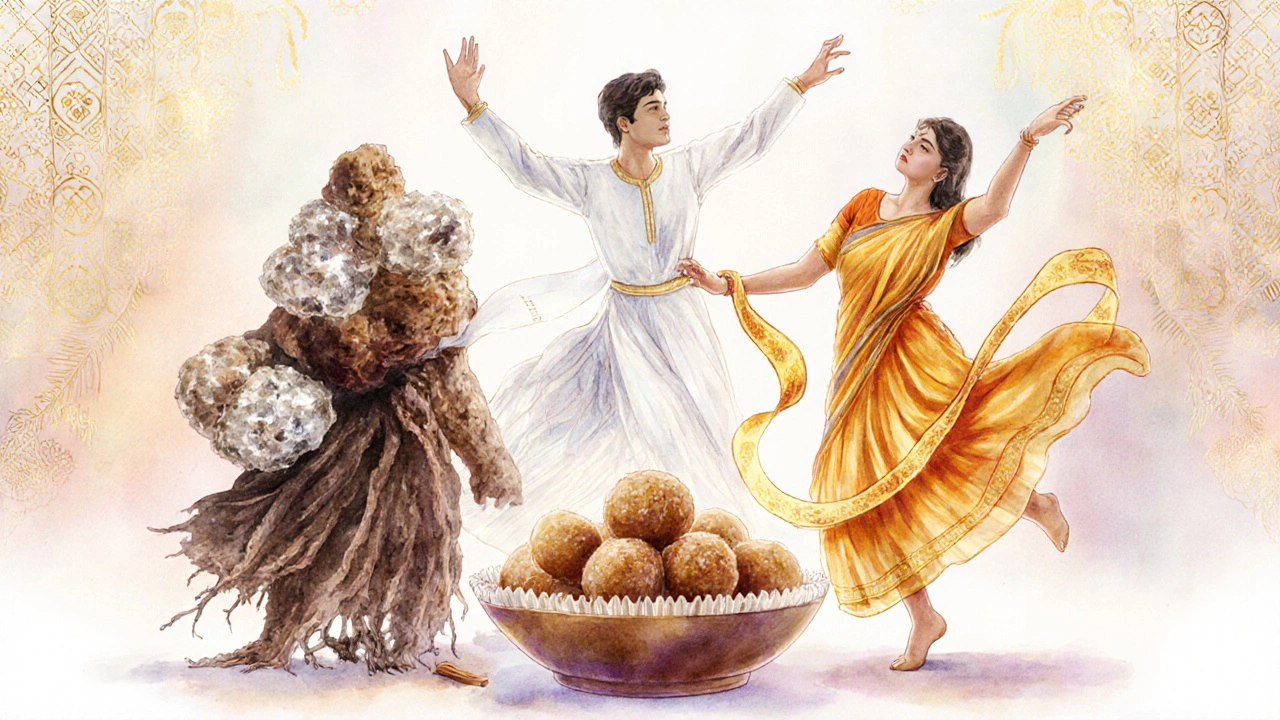 Watercolor symbols of jaggery, white sugar, and syrup surrounding laddoos with traditional patterns.