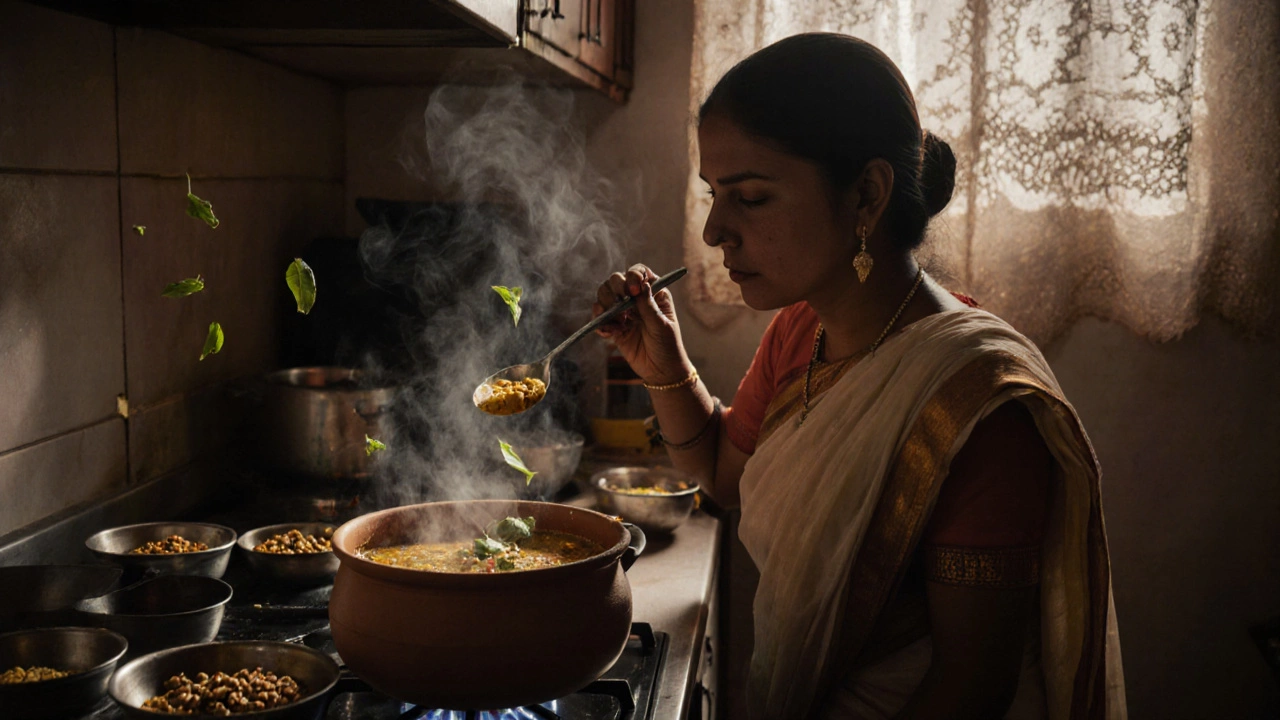 Woman tasting creamy dal from a clay pot in a warm Indian kitchen with spices and steam.