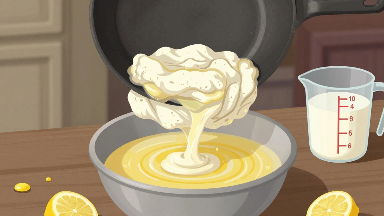 A bundle of paneer curds wrapped in muslin cloth being pressed with a heavy skillet.