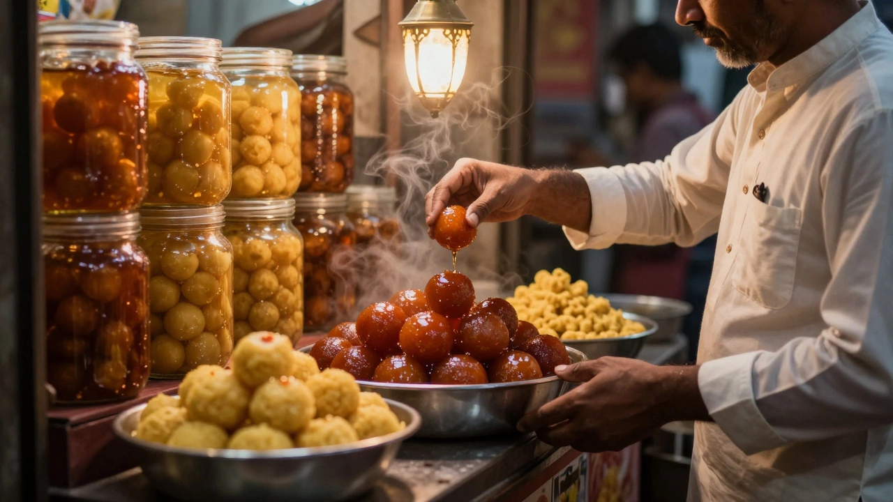 A mithai shop with gulab jamun soaking in golden syrup and jars of sugar syrup.