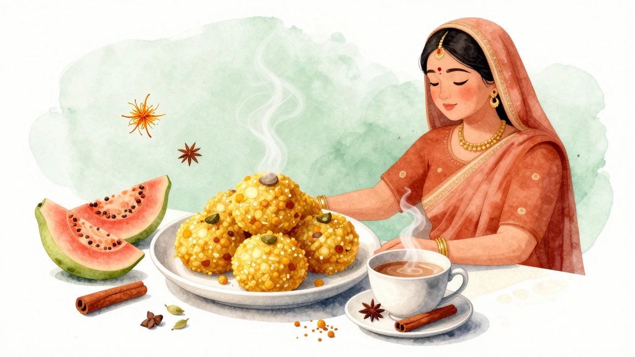 A woman serving diabetic-friendly Indian desserts: moong dal ladoo, chickpea halwa, and guava with spices around.