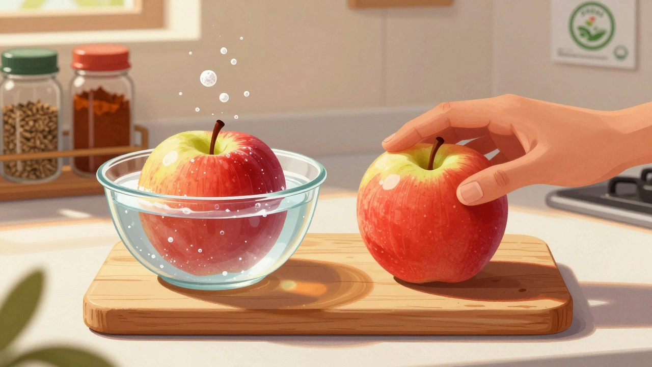 Apple soaking in baking soda solution on a kitchen counter with spices in the background.