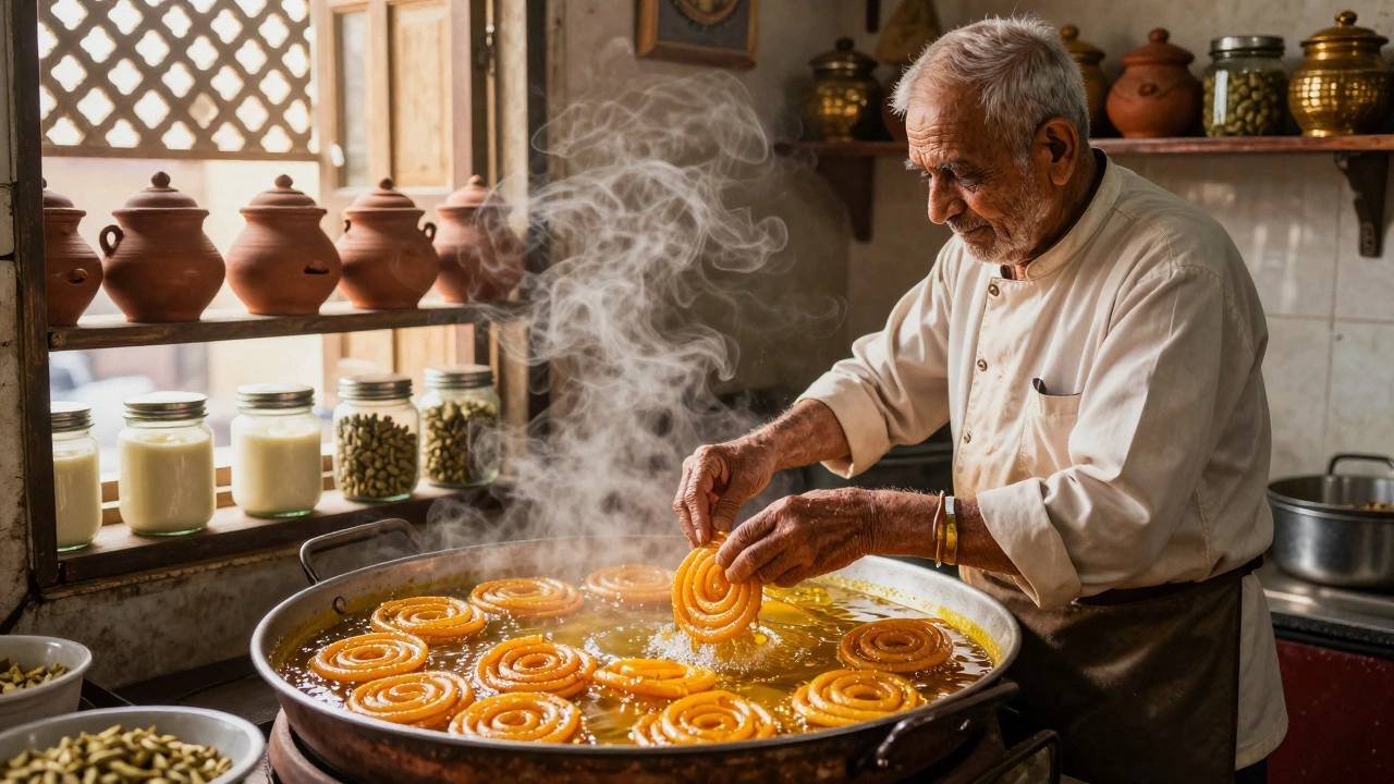 Elderly chef dipping hot jalebi in syrup in a traditional shop with rabri pots.