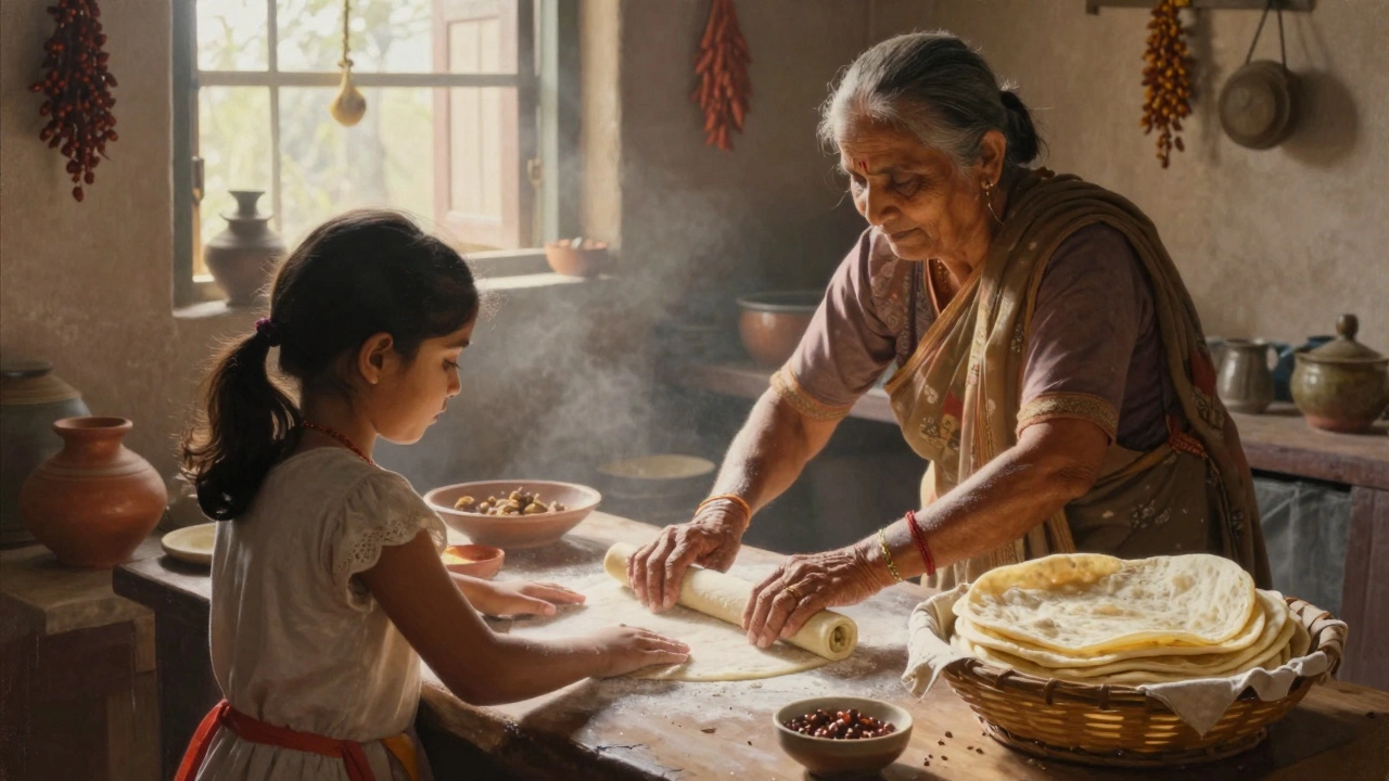 Elderly woman teaching a girl to roll roti in a sunlit kitchen, stacked rotis in a basket nearby.