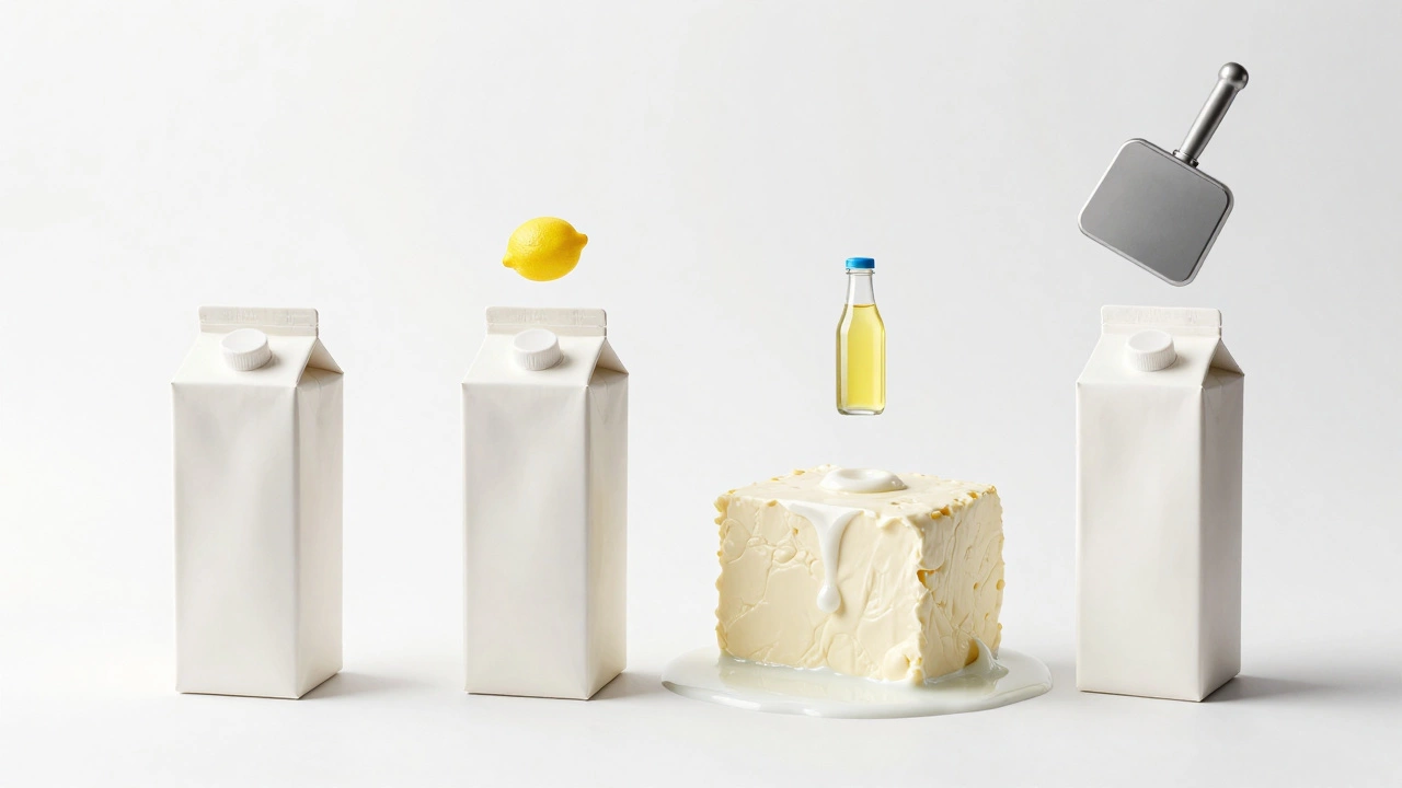 Four milk cartons turning into a block of paneer as whey drips away.