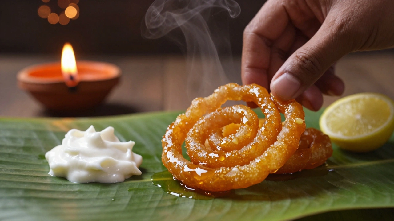 Fresh jalebi with rabri and lemon on banana leaf, ready to be eaten by hand.