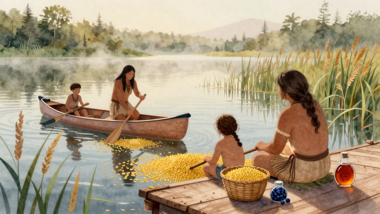 Ojibwe family harvesting wild rice from a lake at sunrise.