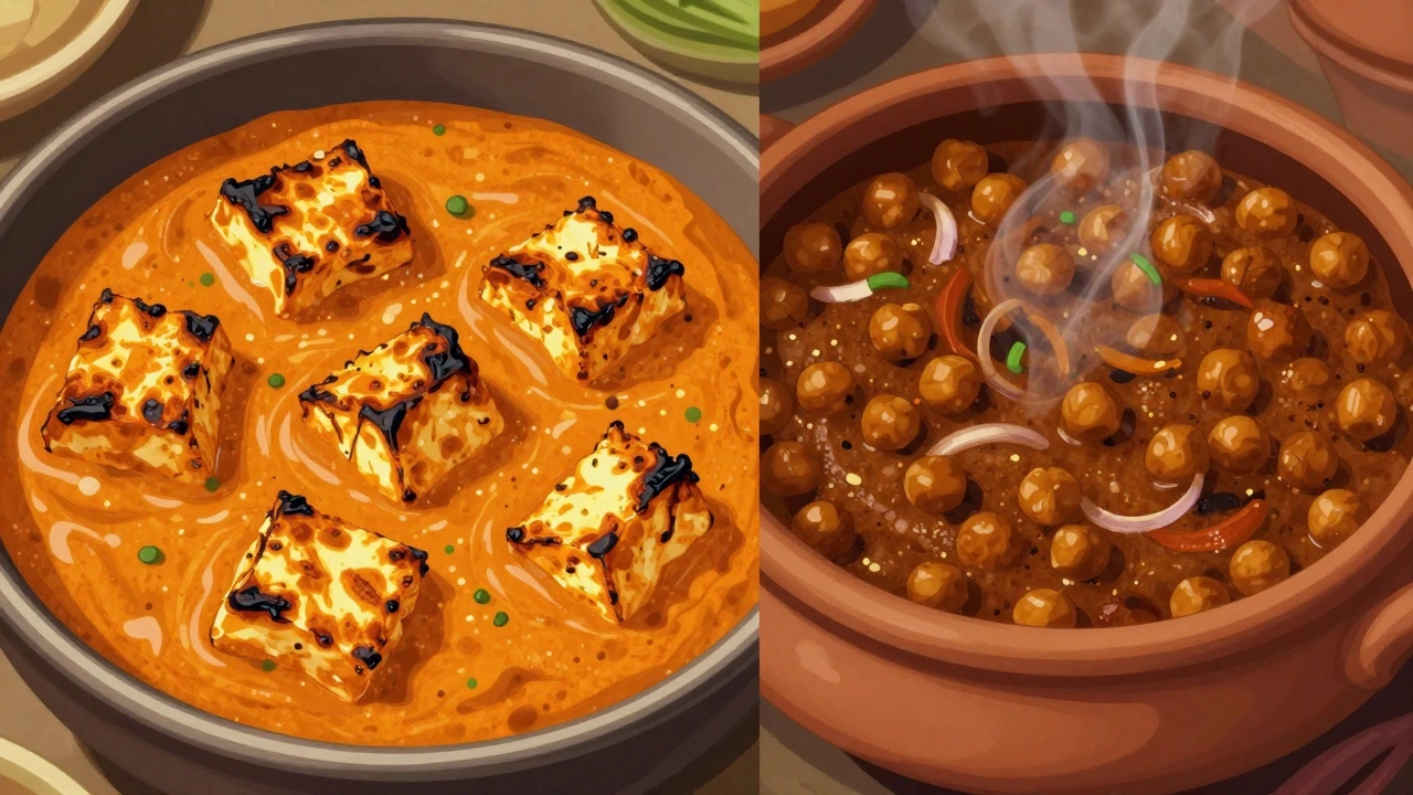 Side-by-side comparison of creamy tikka masala and dry chana masala in traditional Indian cookware.