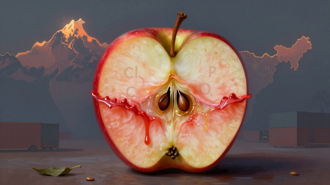 Sliced apple revealing natural flesh versus hidden chemical residues, with map of India in background.