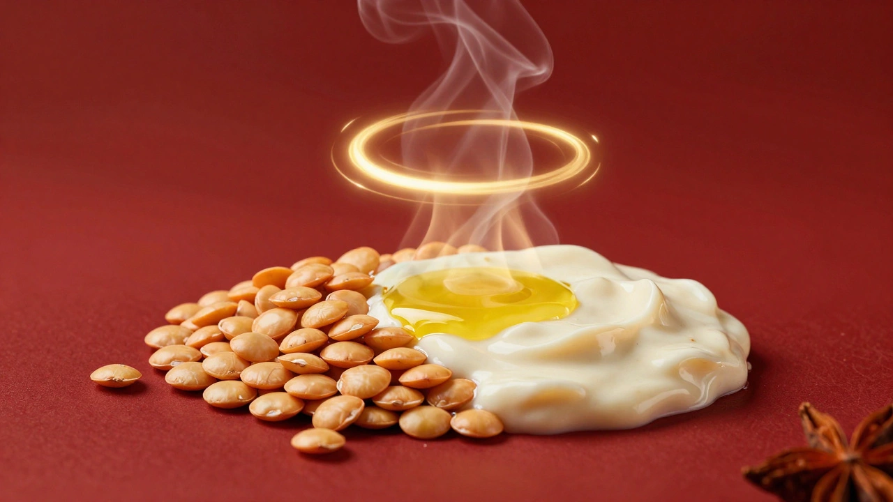 Split lentil transforming from dry to creamy with swirling spices and steam above.