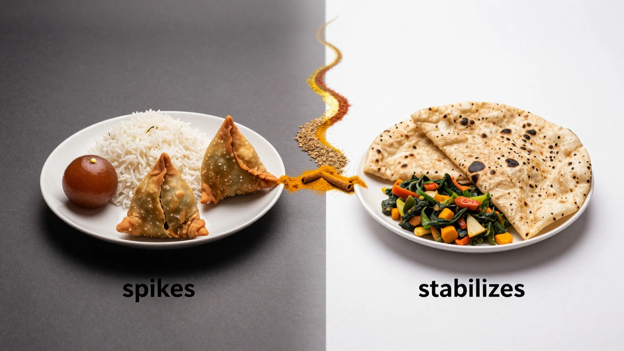 Split plate: unhealthy Indian foods on left, healthy options on right, connected by a trail of healing spices.