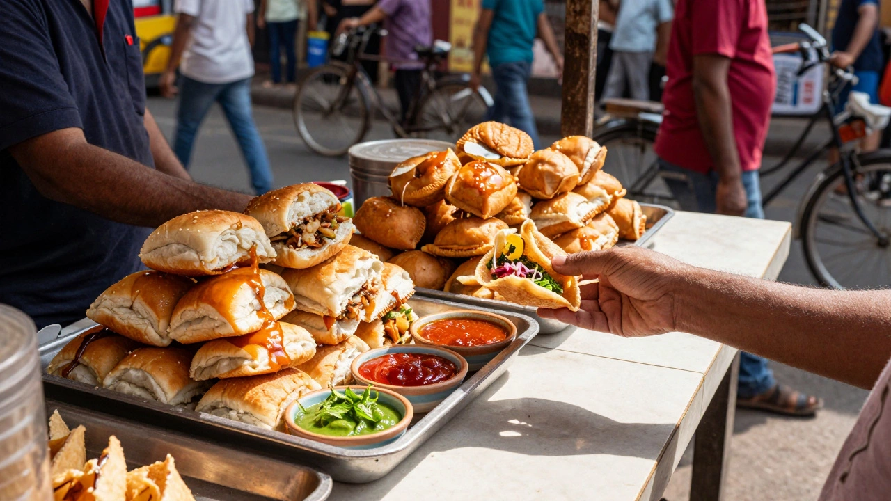 Street food stall with pani puri, vada pav, and bhel puri in colorful bowls