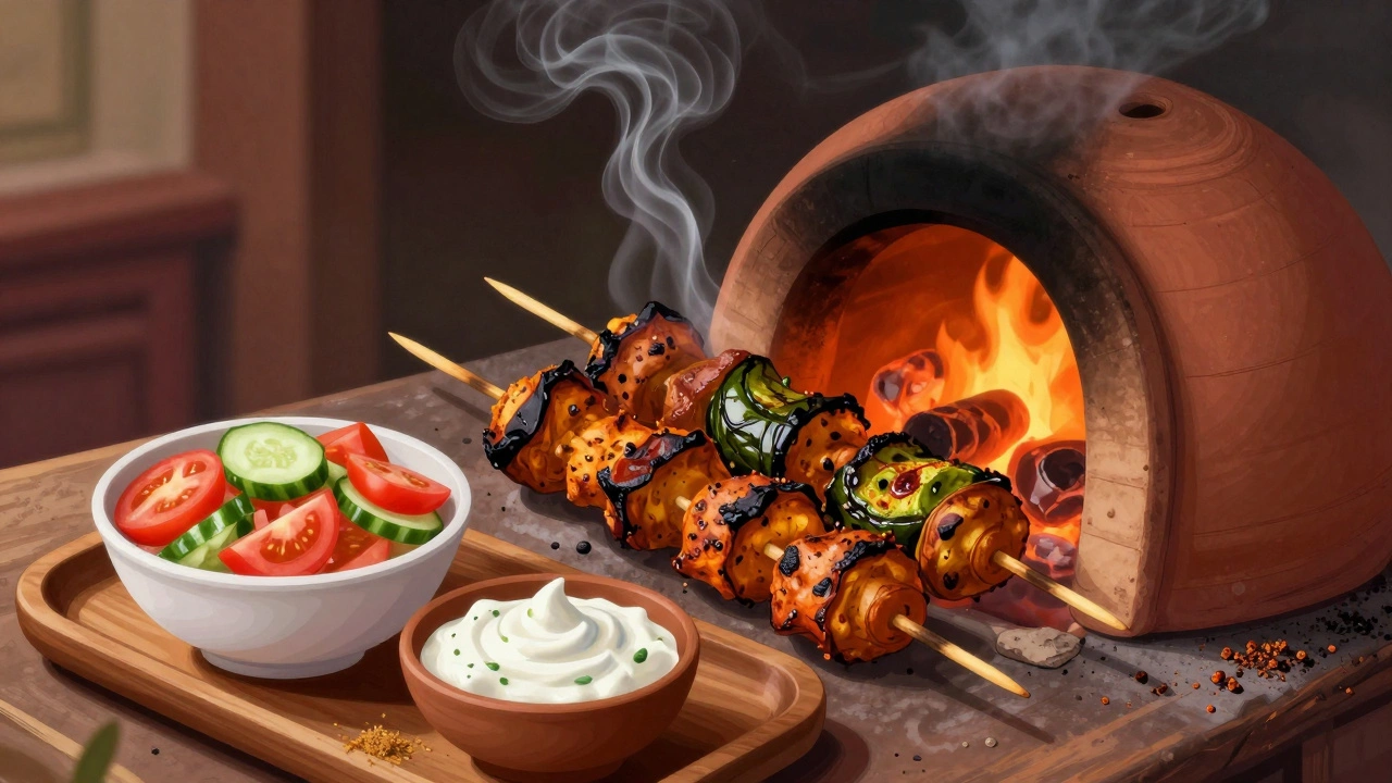 Tandoori potatoes and eggplant beside kachumber salad and raita