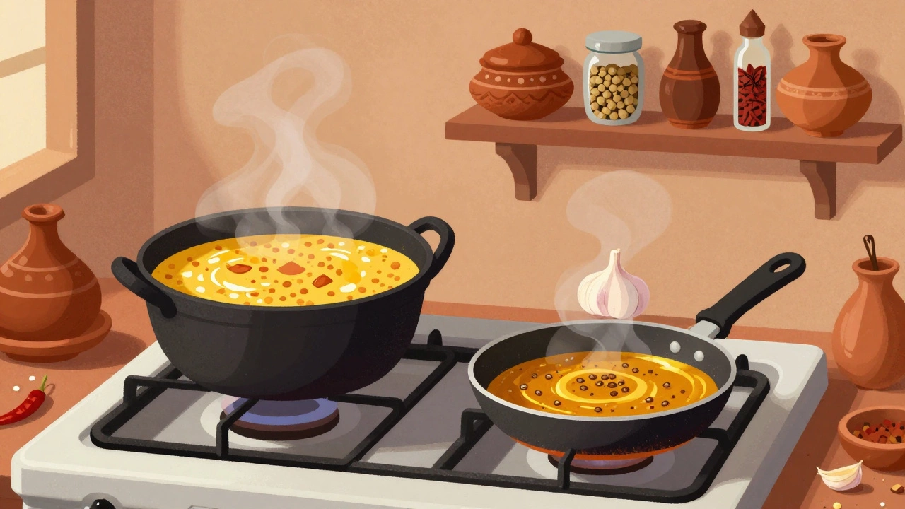 Traditional Indian kitchen with pot of dal simmering and tadka frying in a small pan.