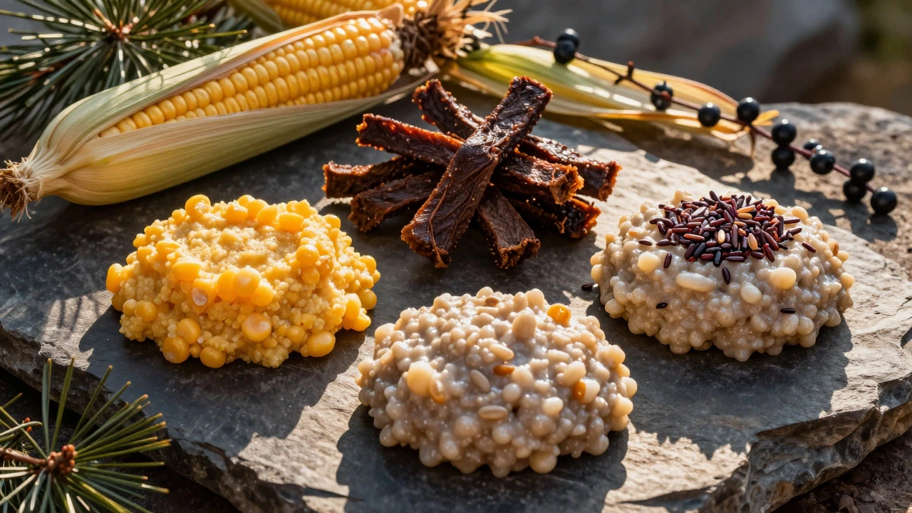 Traditional Native breakfast foods arranged with natural elements.