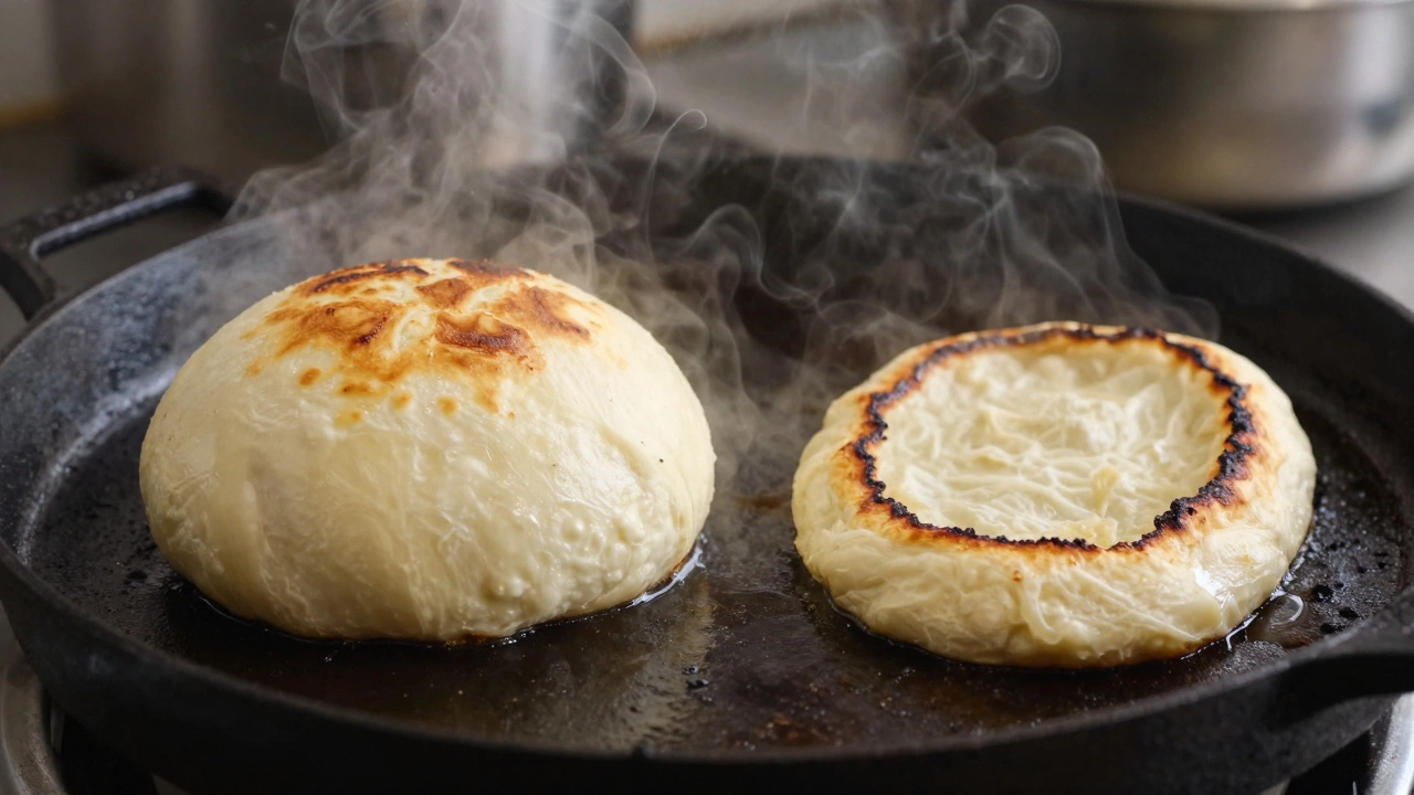 Two rotis cooking on a tawa: one puffed and golden, the other burnt at the edges and flat.