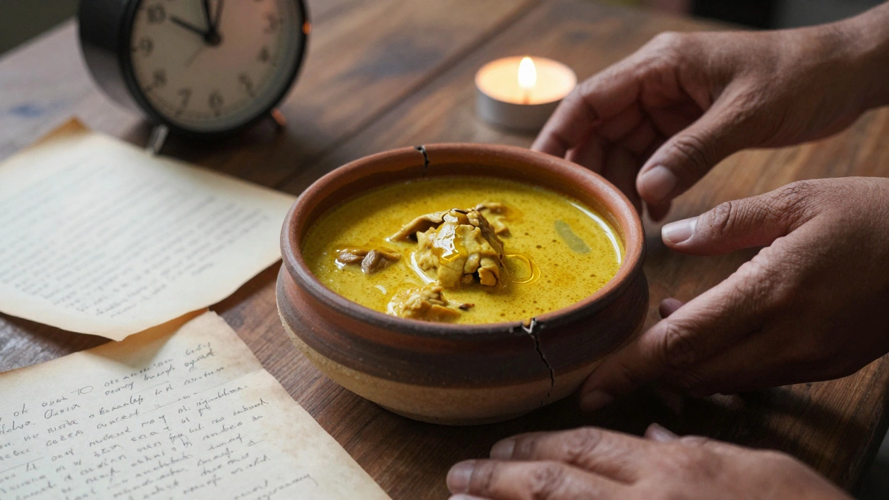 A clay bowl of chicken curry with a glistening oil drop, handwritten notes, and a frozen clock, illuminated by candlelight.