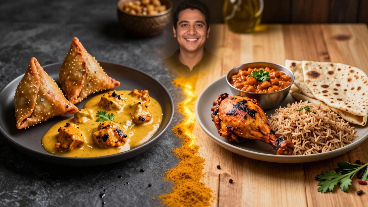 Contrast between unhealthy fried Indian foods and healthy grilled options with turmeric path.