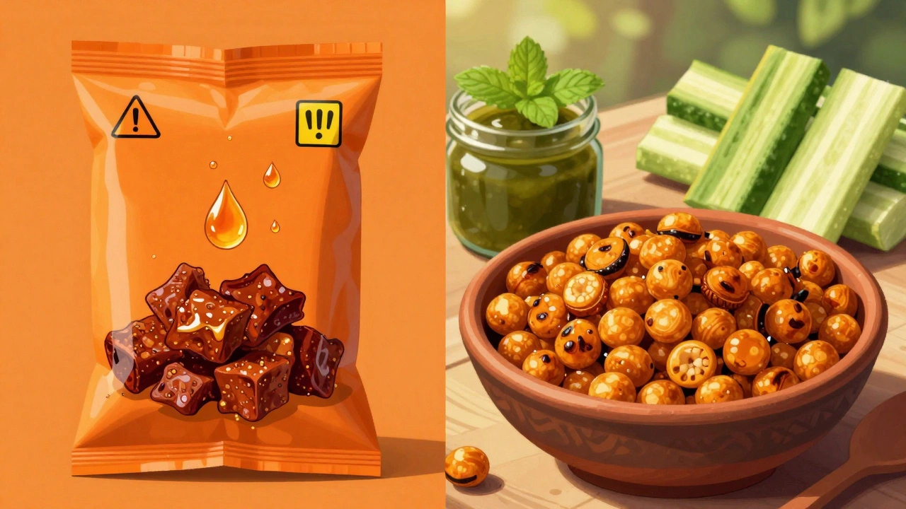 Contrasting image of unhealthy packaged snack versus healthy roasted chickpeas and veggies.