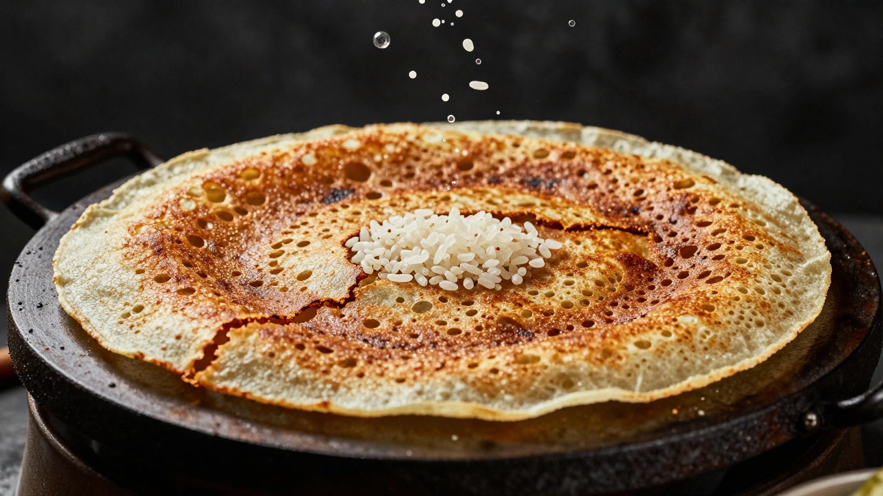 Crispy golden dosa on a hot tawa with microscopic yeast bubbles rising around it.