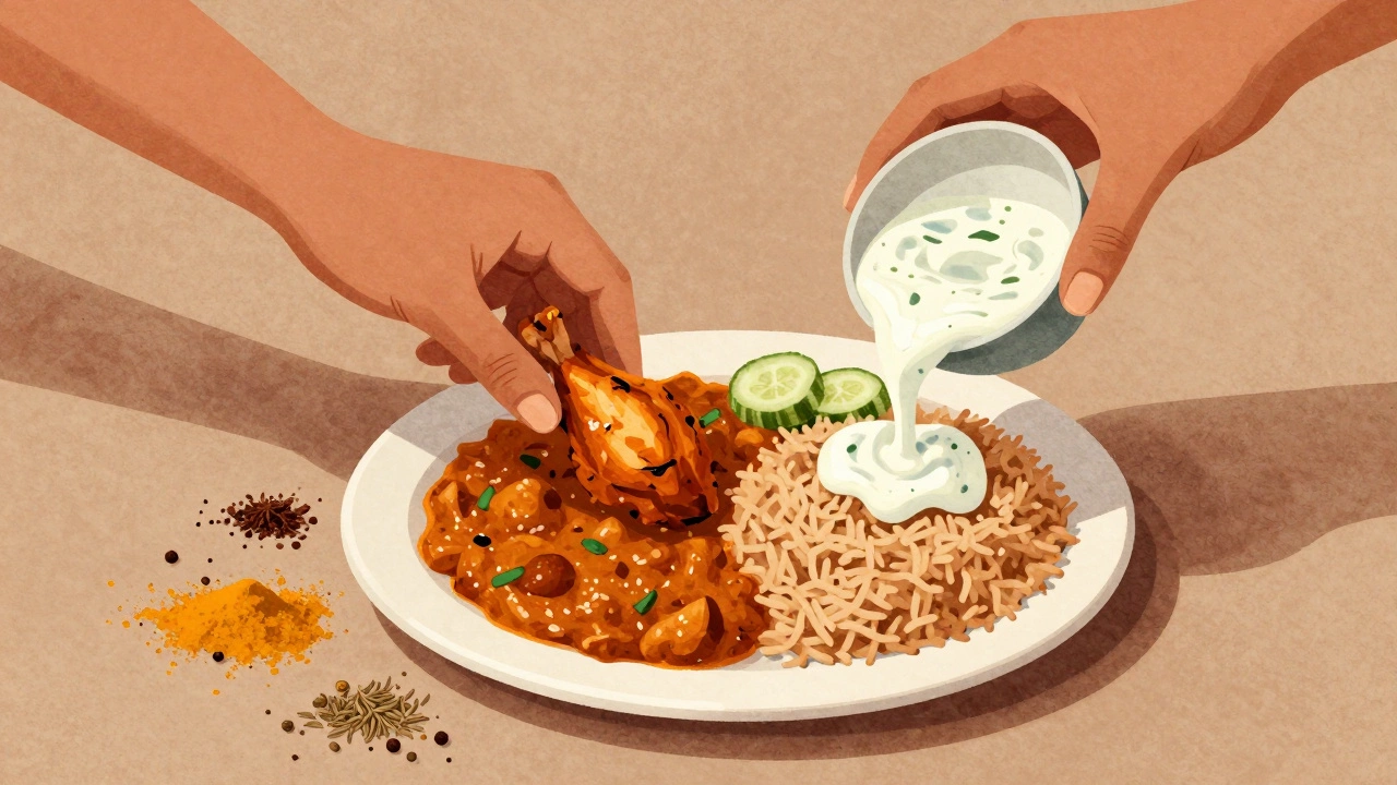 Hand assembling a healthy Indian meal with chickpeas, rice, and raita, spices scattered around.