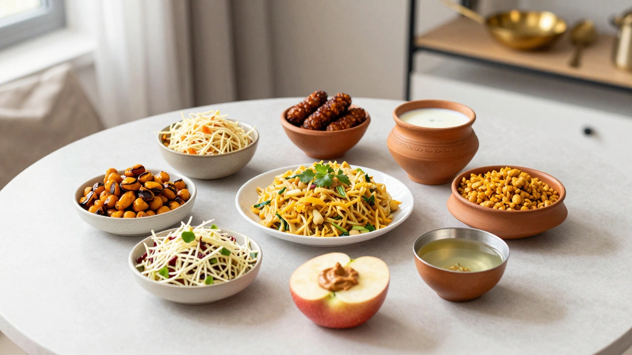 Healthy Indian snacks arranged on a wooden table: roasted chana, sprouted moong, makhana, and buttermilk.