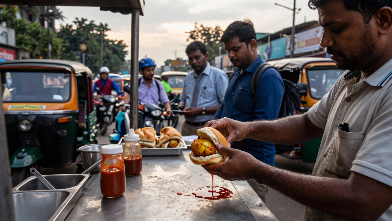 Mumbai street vendor assembling a vada pav sandwich for a waiting crowd at rush hour.