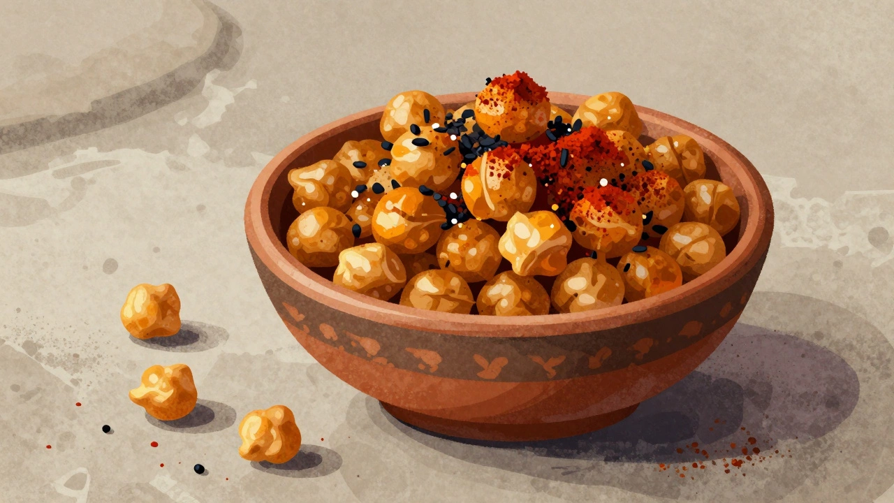 Roasted spiced chickpeas in a clay bowl with earthy tones and scattered spices.