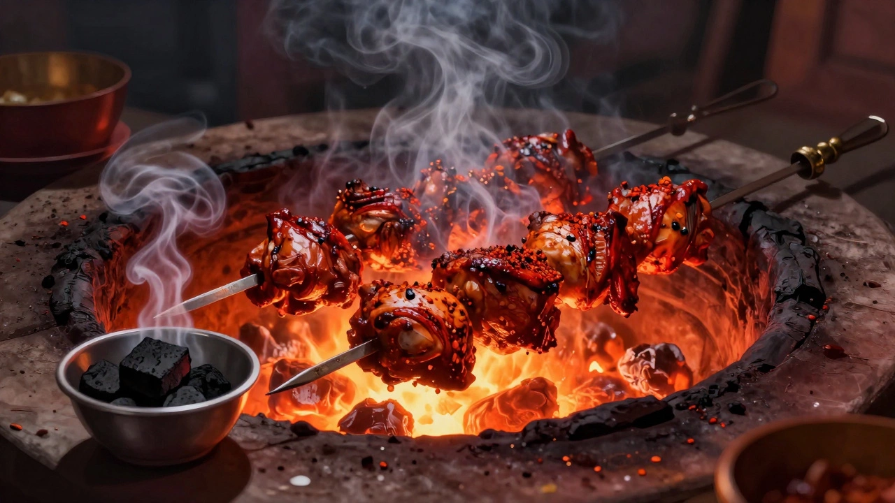 Skewered tandoori chicken roasting in a glowing tandoor oven with smoke rising.