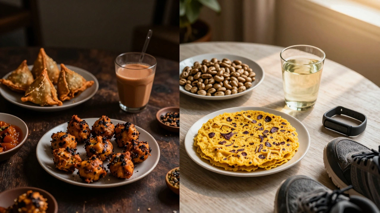 Split image: unhealthy fried snacks on left, healthy Indian snacks on right with walking shoes.