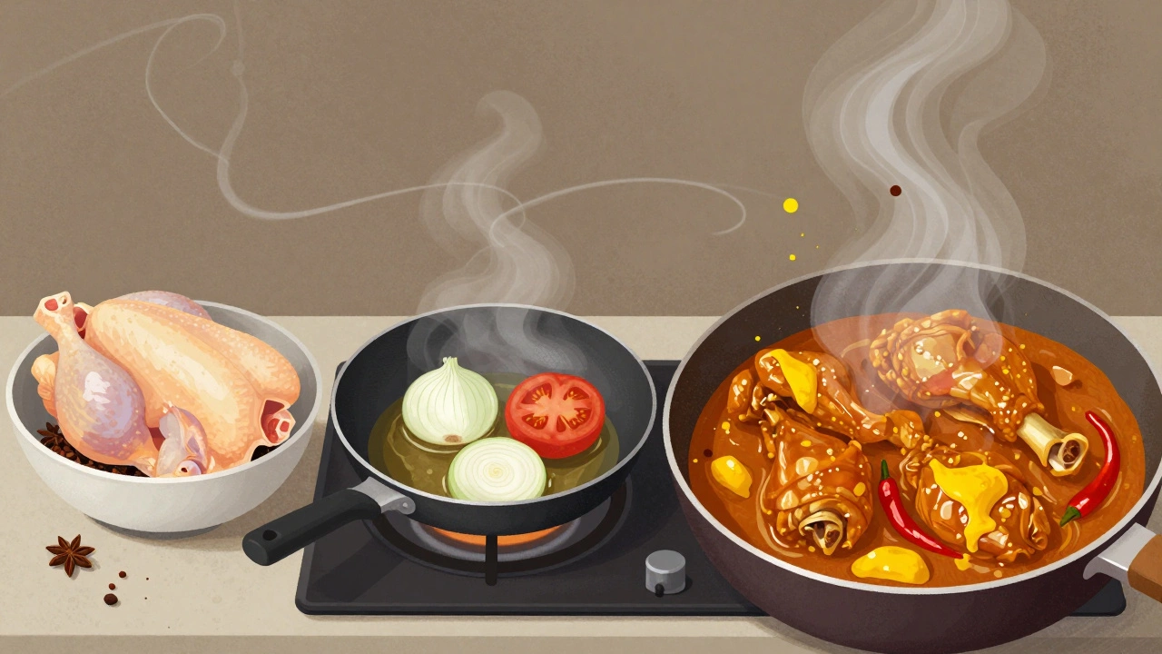 Time-lapse illustration showing chicken curry development from raw ingredients to rich, finished dish with floating spice particles.