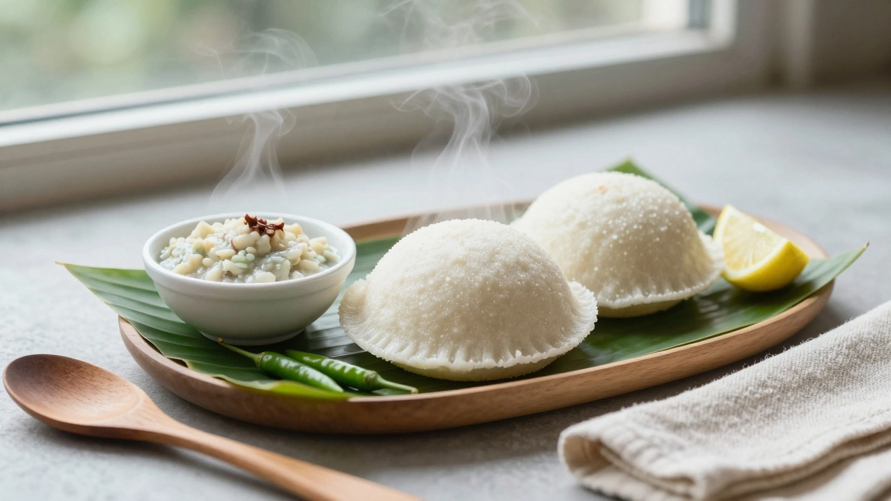 Two steamed idlis with coconut chutney on a banana leaf, fresh and steaming.