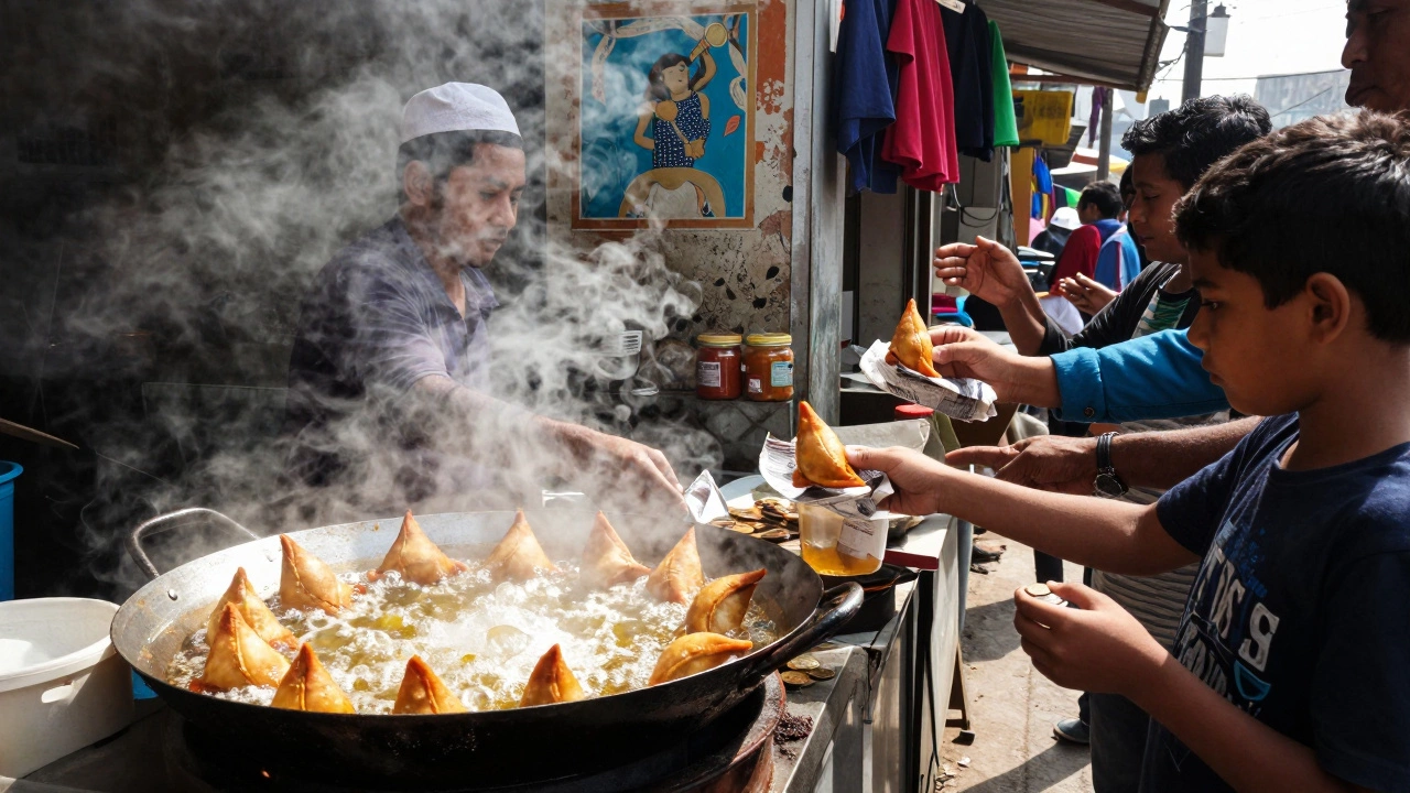 Vendor frying samosas in a wok as customers wait in line on a bustling urban street.