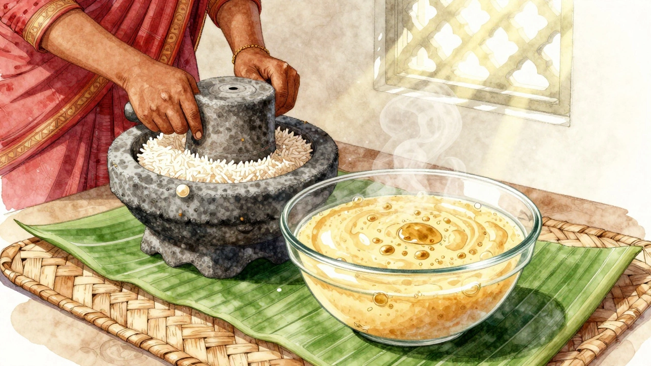 Woman grinding rice and urad dal in a stone grinder in a sunlit South Indian kitchen.