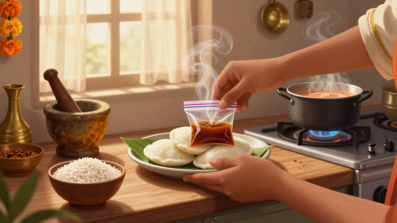 A cloth-wrapped bundle containing idlis and a small chutney packet on a kitchen counter at sunrise.