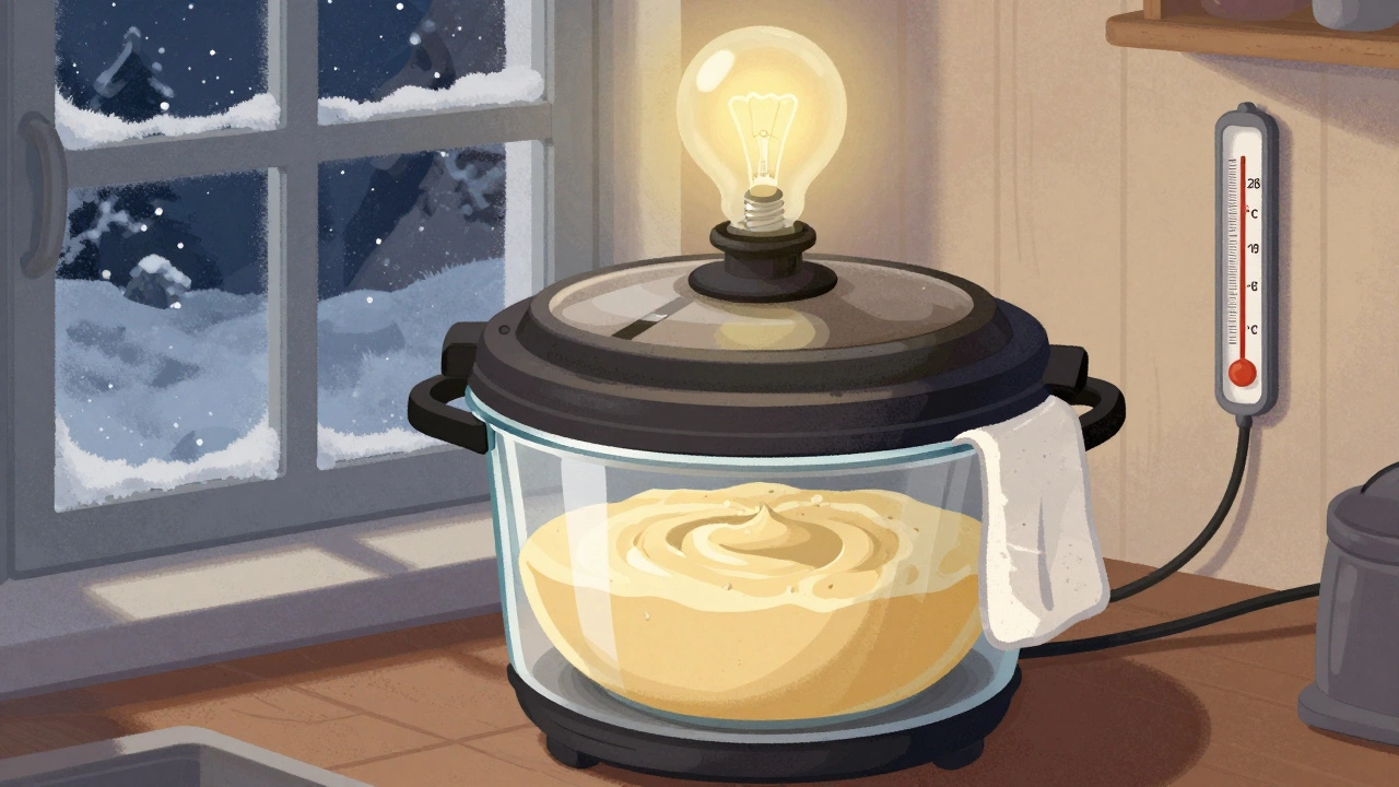 A glass bowl of dosa batter fermenting inside a turned-off pressure cooker with a glowing light bulb above it.
