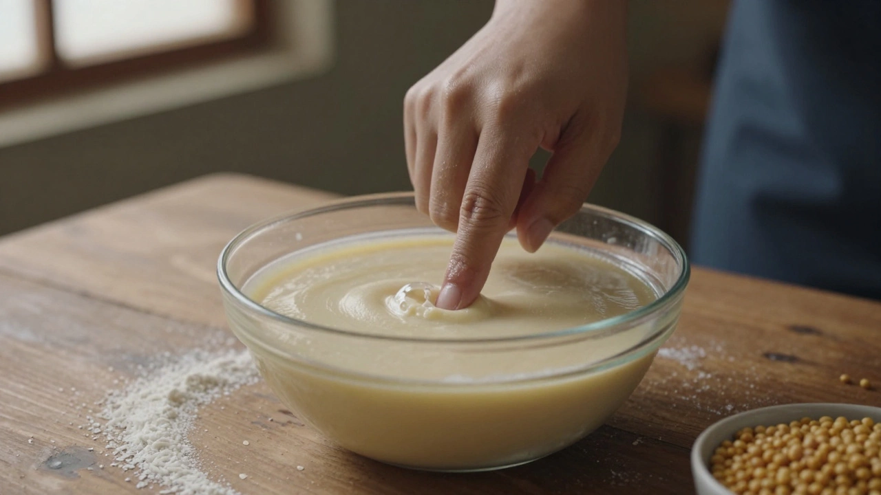 A hand performing the finger test on dosa batter, with a small bubble forming and popping on the surface.