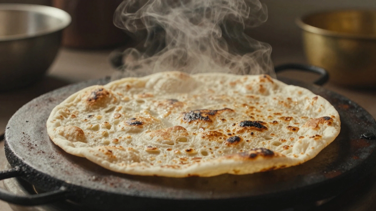 Chapati puffing on hot tawa with steam