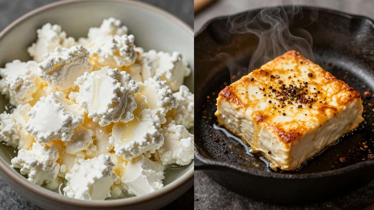 Comparison of wet cottage cheese and firm, sizzling paneer in a skillet.